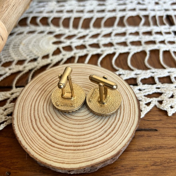 Sarah Coventry Vintage Gold Tone Enamel Harlequin Geometric Cufflinks Round - Picture 3 of 5